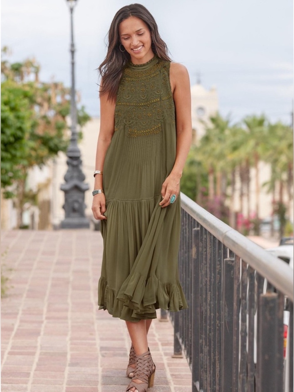 Sundance Bohemian Tiered Olive Green Knit Top with Gold Bead Detail